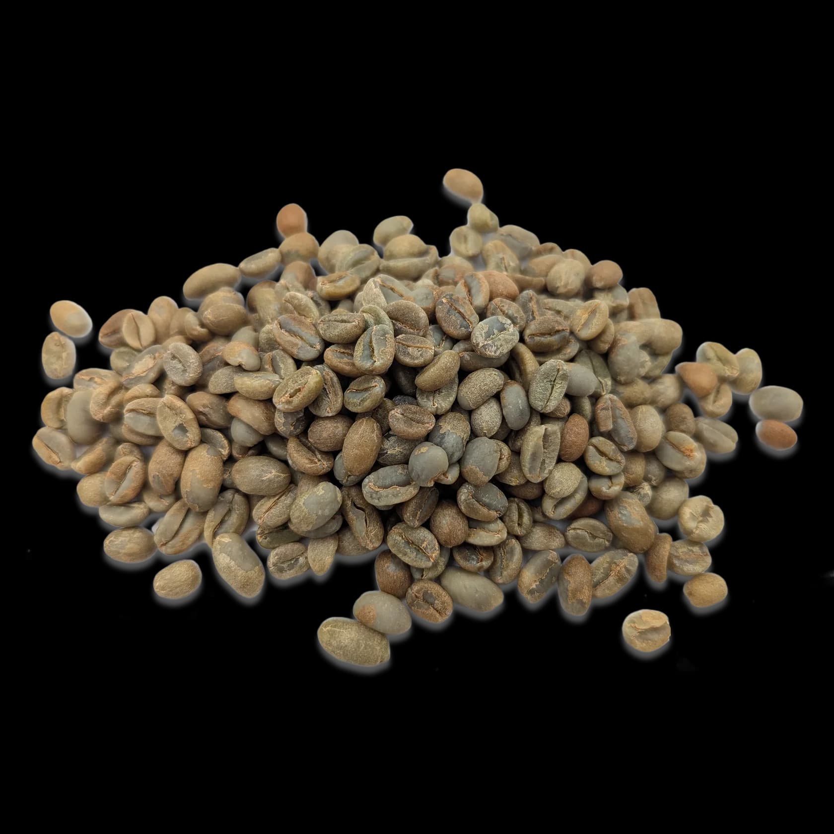 Top-down view of Nyaliko natural sun-dried Ugandan Robusta green beans on a white background