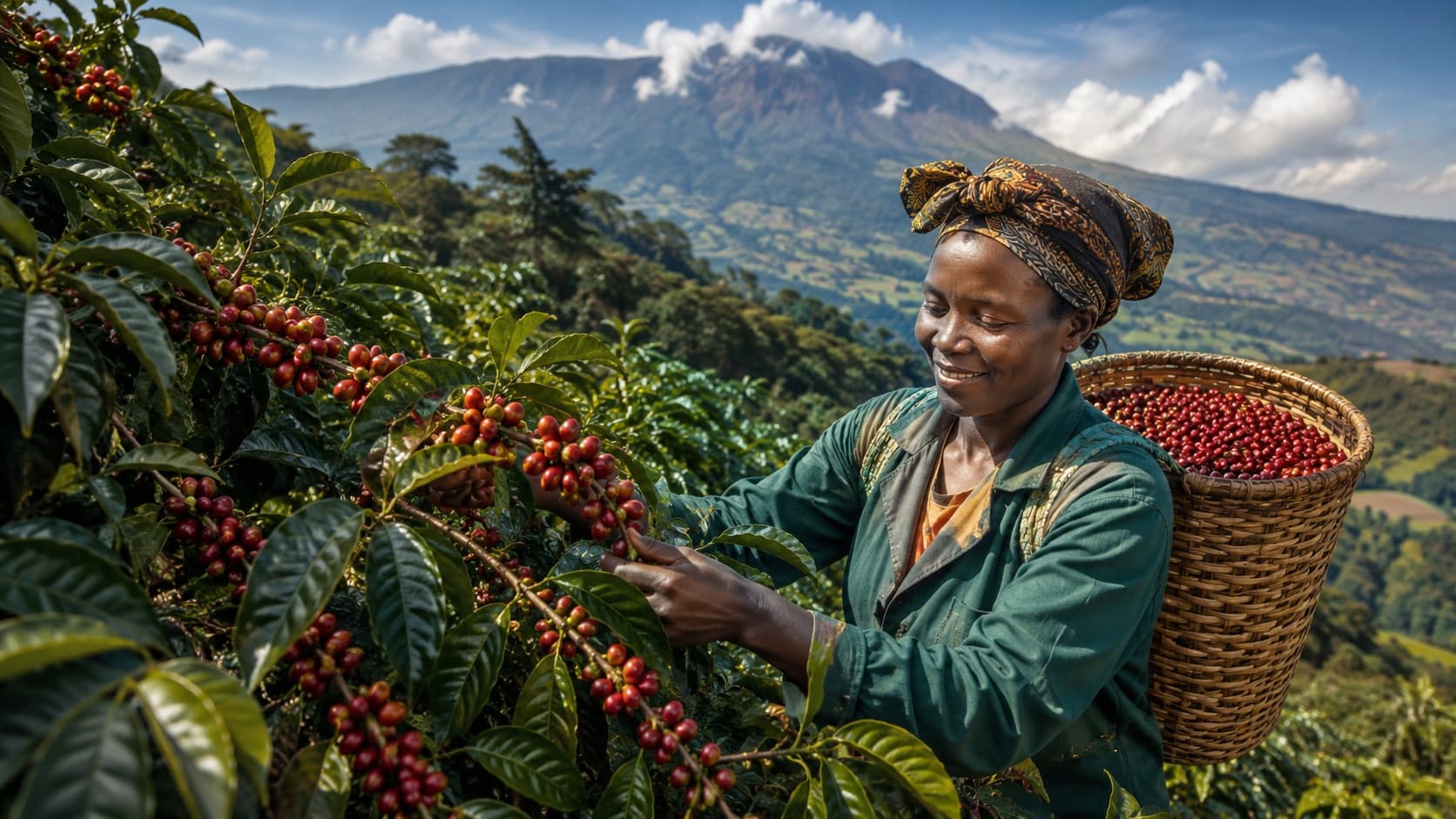 A Ugandan coffee farmer hand-picking ripe cherries into a harvest basket in the highlands